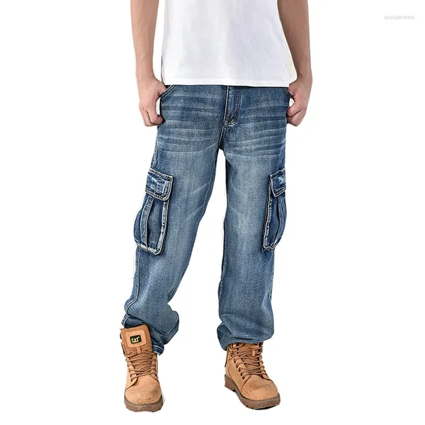 Pantalones de hombre Pantalones vaqueros de hip-hop para hombre Mono de mezclilla azul suelto de moda para hombre Rap de talla grande 30-46