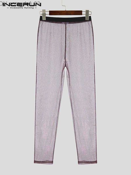 Pantalones de hombre de retazos de cintura elástica ajustada malla transparente pantalones de hombre 2023 brillante Sexy ropa de calle Pantn S-5XL Z230721