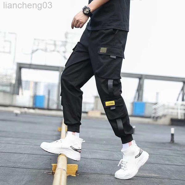 Men's Pants Hommes poches latérales Cargo sarouel 2021 rubans noir Hip Hop décontracté mâle Joggers pantalon mode décontracté Streetwear pantalon W0414