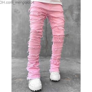 Pantalones de hombre Jeans ajustados de hombre con Hip Hop Edge R Parche elástico Punk Rock Jeans ajustados largos Jeans apilados Pantalones de mezclilla Blue Pink Street Clothing Z230819