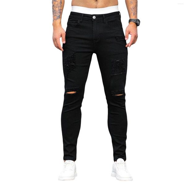 Pantalons pour hommes Pantalon en denim déchiré maigre Taille basse Crayon de couleur unie Jambe effilée Jeans en détresse Pantalon de motard de moto