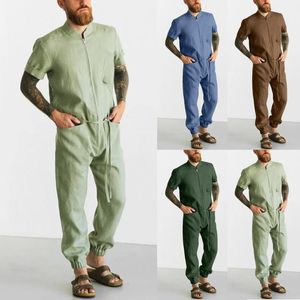 Pantalones de hombre Hombres Primavera Verano Manga corta Mono largo sólido Botón de moda con bolsillos Mono plateado Hombres