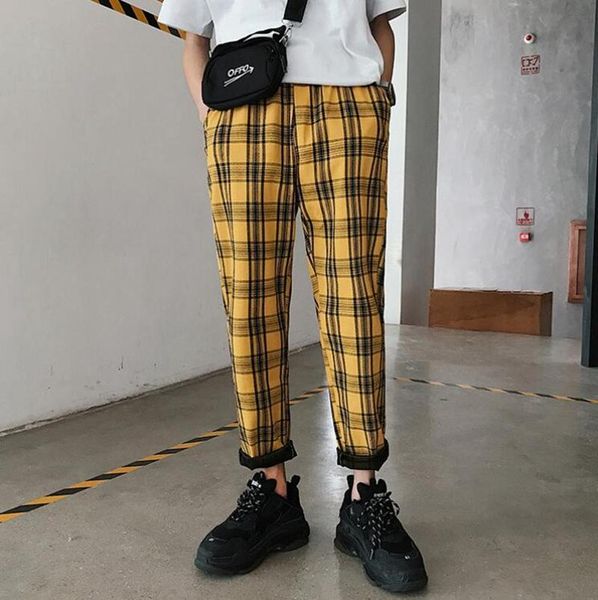 Pantalon homme hommes Streetwear jaune Plaid Joggers 2021 homme pantalon décontracté Harem coréen Hip Hop piste grande taille