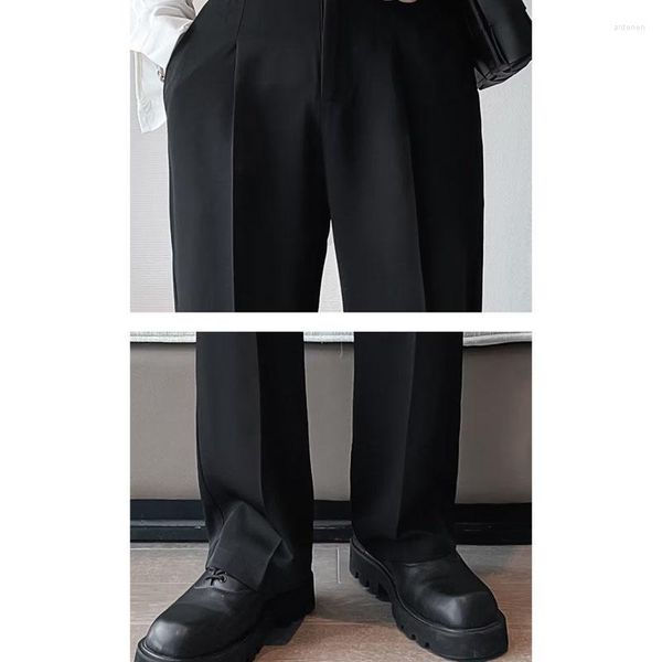 Pantalones de hombre, traje de hombre, pantalones de pierna ancha informales holgados completos sólidos, pantalones rectos de cintura alta en blanco y negro