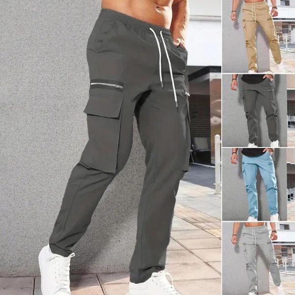 Pantalones para hombres Hombres Moda Cargo Suelto Entrepierna recta Cordón Cintura elástica Cremallera Multi bolsillos Pantalones largos Otoño Invierno