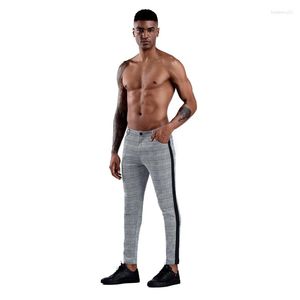 Herenbroeken Heren Vintage Broeken Skinny Super Stretch Chino Slim Fit Heren Casual Broek Geruite Grijze Elastische Taille Mode