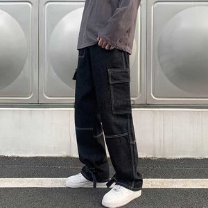 Herenbroeken mannen brede poot jeans hiphop casual rechte baggy spiegel denim streetwear skateboard pant neutrale broek plus maat s-5xl y23