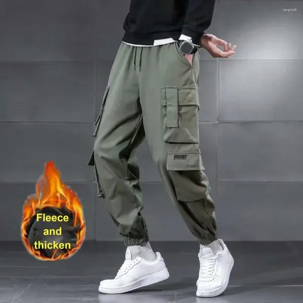 Pantalones para hombres Hombres Invierno Carga Elástica Cintura Elástica Cordón Multi Bolsillos Jogger Pantalones Color Sólido Forro Polar Grueso Al Aire Libre