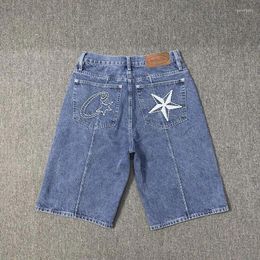 Pantalones para hombres mujeres mujeres ajustes sueltos summere mbroidery pentagram leisure denim shorts azul