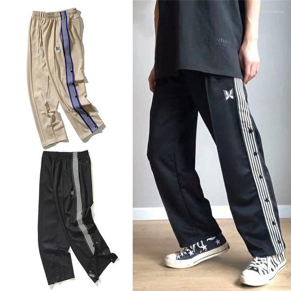 Pantalones para hombres Hombres Mujeres Correas Botones ajustables Agujas Bordado Mariposa Pantalones 2024SS