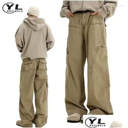 Pantalons pour hommes Mens American Vintage Wide Leg Cargo Pant Taille haute Couleur unie Mtiple Poches Jogging Printemps Baggy Pantalon droit D Dhxv9