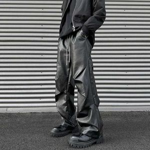 Pantalon masculin Mens Automne American Y2K Pantalon en cuir PU plissé Nouveau Basic Casual Loot confort