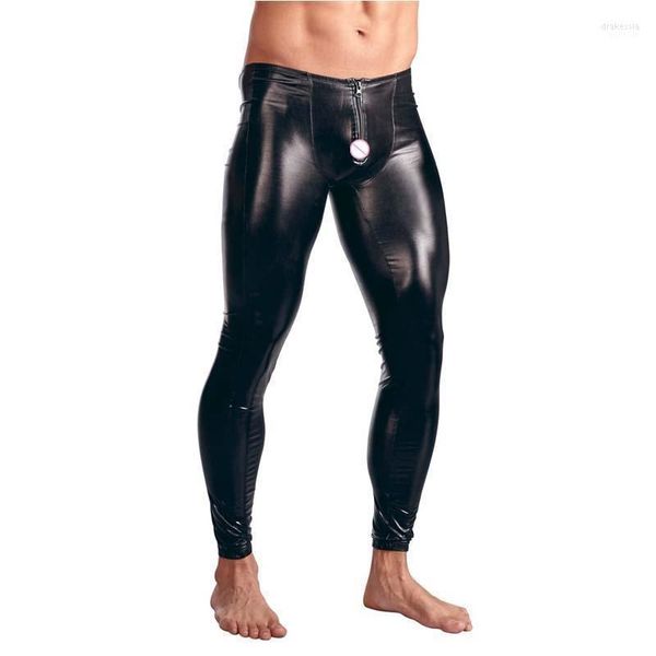 Pantalones de hombre para hombre, mallas elásticas de rendimiento ajustado para club nocturno de piel sintética negra para hombre, ropa de cuerpo Sexy para hombre, pantalones Drak22 para hombre