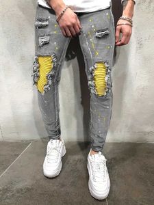 Pantalones para hombres Mens Casual y creative street Style con alta elasticidad de salpicaduras y desgarros de desgarro de jeans delgados Jeans Spring/Summer J240527