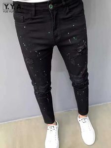 Pantalon masculin pour hommes décontractés trou noire pantalon en jean imprimé jeans slim streetwear printemps extensible la cheville de la cheville pantalon crayon cowboy j240527