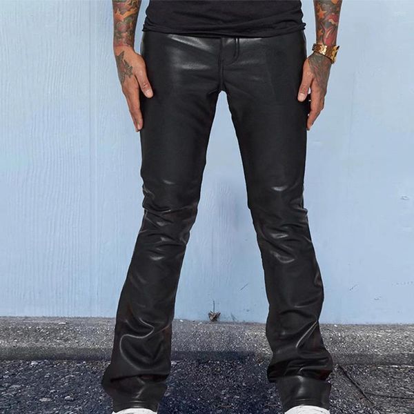 Pantalon homme décontracté ample imprimé Faux cuir mi-taille mince rétro Punk Hip Hop mâle coupe élastique discothèque pantalon