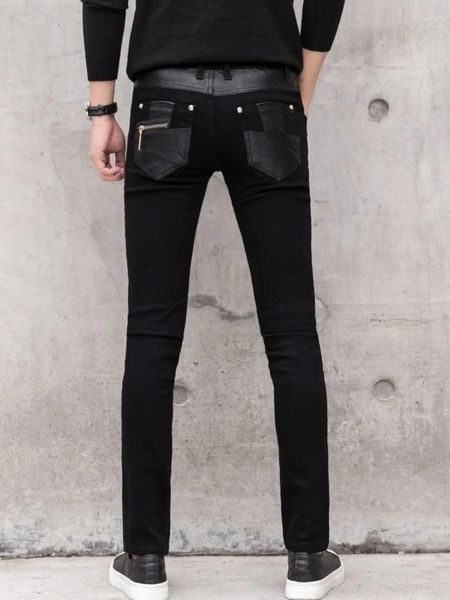 Pantalons pour hommes Hommes Casual Skinny Crayon Printemps Mode Patchwork Pu Cuir High Street Moto Slim Fit Pantalon Taille 28-36