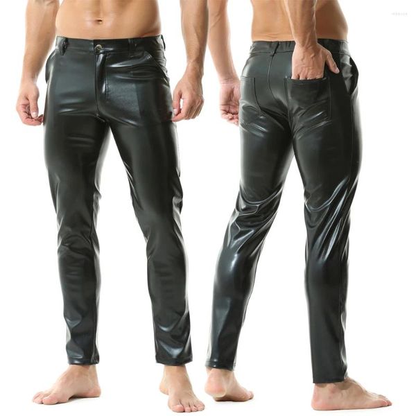 Pantalon masculin masculin zipper décontracté faux cuir masculin streetwear club pantalon droit avec des poches