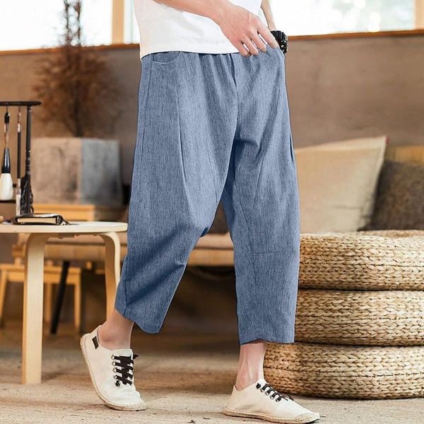 Pantalones para hombres para hombre algodón y lino color sólido casual japonés deportes delgados pies fondos streetwear ejercicio