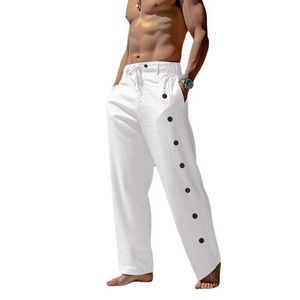 Pantalon masculin pour hommes coton chanvre pantalon de plage de poche respirant avec des boutons décorés avec un pantalon de jambe droite de taille élastique J240507