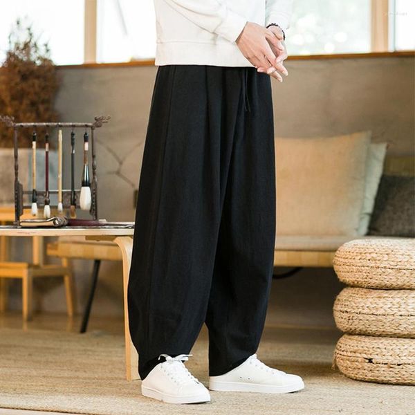 Pantalon pour hommes Hommes Coton Lin Baggy Large Jambe Taille Élastique Pantalon Lâche Casual Harem Couleur Unie Wushu Cordon Hommes Lanterne