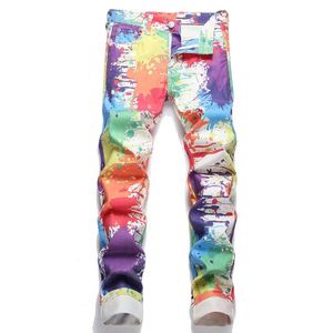 Pantalons pour hommes Jeans de peinture de couleur fantaisie pour hommes pantalons en denim élastiques imprimés numériques à la mode Y2K pantalon droit ultra-mince blanc J240328
