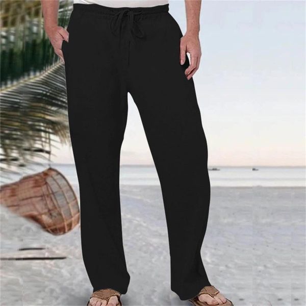 Pantalones para hombres moda para hombres de color sólido intente algodón transpirable y bolsillo de lino cintura elástica pantalones de gran tamaño