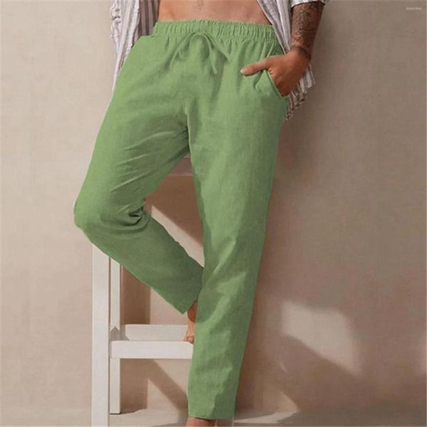 Pantalones para hombre, moda informal, Color sólido, prueba transpirable, algodón y lino, bolsillo, cintura elástica, pantalones de talla grande, casa grande