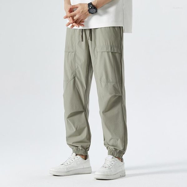 Pantalones de hombre de secado rápido, cintura elástica larga, cordón informal, bolsillos múltiples, seda helada para hombre, pantalones deportivos de moda de negocios