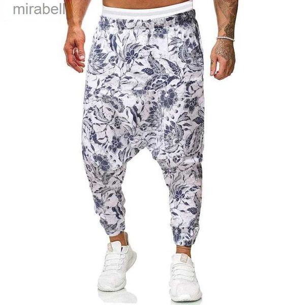 Pantalones para hombres Pantalones con estampado floral para hombre Algodón Lino Yoga Drop Crotch Joggers Pantalones deportivos Hip Hop Streetwear Pantalones YQ240108