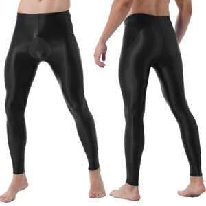 Herenbroek heren glanzende bulge zakje leggings vaste kleur elastische tailleband sport fitness midden rekbare magere broekjes's