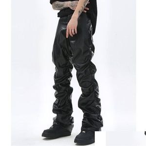 Pantalon masculin masculin hip hop plissé en cuir PU harajuku rétro streetwear lâche pantalon décontracté.