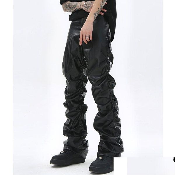 Pantalones para hombres hombre hip hop plisado PU cuero harajuku retro streetwear suelto pantalones casuales rectos entrega de caída sólida aparto dhkvy