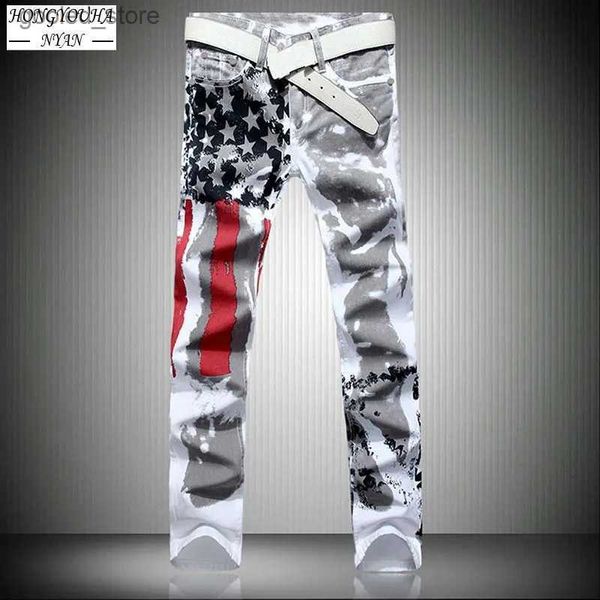 Pantalones para hombres Jeans para hombre Bandera americana Impreso Streetwear Pantalones casuales Moda Harajuku Alto Elástico SlimHip Hop Pantalones de mezclilla rectos Q231023