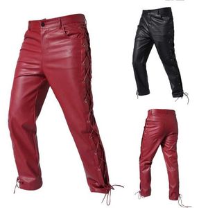 Pantalones para hombres para hombres nuevos pantalones de cuero de motocicleta para hombres casuales de empalme de empalme de corbata ultra delgada