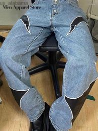 Pantalons pour hommes Pantalons pour hommes Pu Cuir Baggy Patchwork Jeans Hommes Thug Club Droite Unisexe Cargo Pantalon Homme 240308