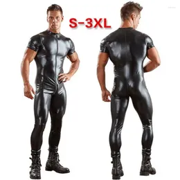 Pantalons pour hommes Hommes en cuir verni manches courtes Body Double Zipper Tête Ouverte Crotch Gay Club Leotard Moto Combinaisons Vêtements