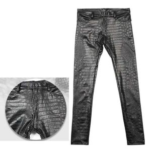 Herenbroek heren potloodbroek 3D intaglio bedrukte crocodile been pu lederen casual jeans strakke vaste kleur bedrukte strakke jeansl2405