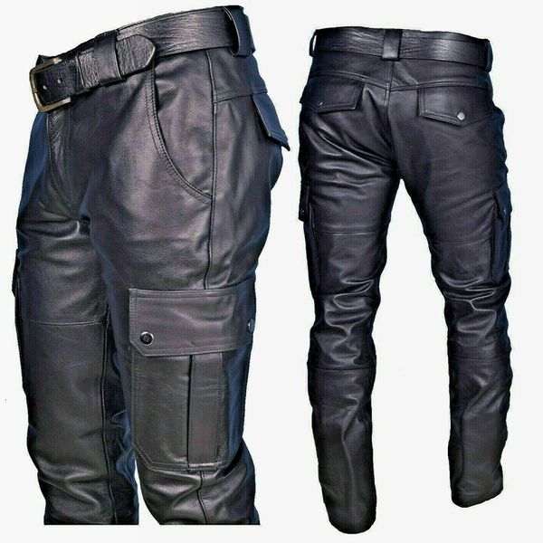 Pantalones de hombre Punk PU cuero lápiz Slim motocicleta pantalones Color sólido talla grande Shinny Cool Boys 230106