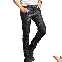 Pantalons pour hommes Pantalons de moto déchirés pour hommes Côtelés Skinny Black Pu Cuir Biker Slim Pantalon Crayon Taille 28-40 France Drop Delivery Apparel Dhg6L