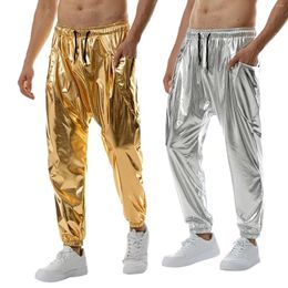 Pantalon masculin masculin brillant argent métallique jogger pantalon de survêtement hip hop humide look pantalon de fête masculine festival de fête de fête de streetwear pantalones hombre