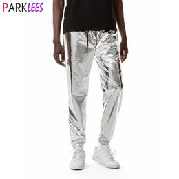 Herenbroek heren glanzende zilveren metallic jogger jogger jogger hiphop natte look broeken mannen club feestfestival prom streetwear pantalones hombre 230412