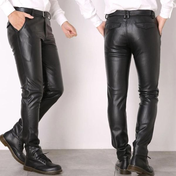 Pantalones para hombres para hombre delgado motocicleta cuero pu negro ajuste pantalones largos moda streetwear bolsillos pantalón fiesta baile flaco fondos masculino