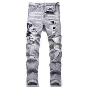 Herenbroek Heren snake geborduurde grijze denim jeans straatkleding gaten scheur elastische broek ultradunne rechte broek J240328