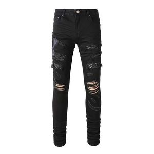 Pantalones para hombres para hombres jeans bordados bordados pantalones de mezclilla delgados de mezclilla de mezclilla delgada ropa de mezclilla de la calle parches de cuero roto trabajos de trabajo Black J240527