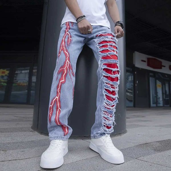 Pantalons pour hommes Mens Stretchy Lightning Baggy Jeans pour hommes Cracked Streetwear Trous Ripped Patchwork Denim Casual Pantalon Slim Skinny Pantalon Q231201