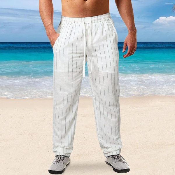 Pantalones para hombres para hombre de rayas verticales de algodón de lino casual con cordón elástico cintura pantalones de playa verano moda comodidad recta