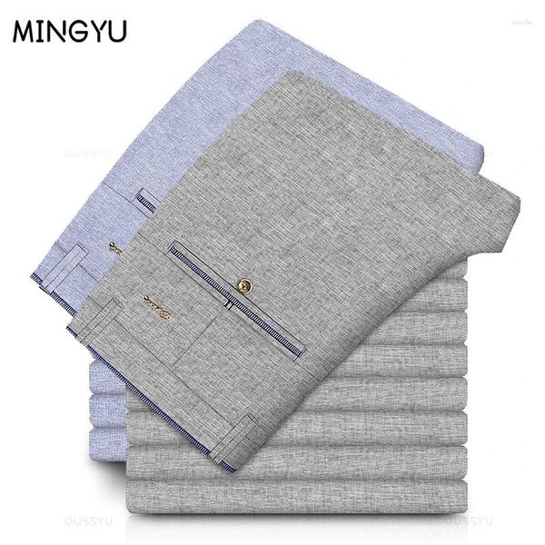 Pantalones para hombre MINGYU marca verano fino algodón tela transpirable Casual negocios recto trabajo Formal fiesta pantalones masculino