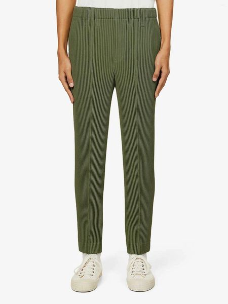 Pantalones de hombre Miyake plisados Homme cintura alta lápiz verde