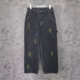 Herenbroek MM6 Gespikkelde Graffiti Supergrote Jeans High Street Vintage Wash Zwart Rechte pijp Denim Casual 230906